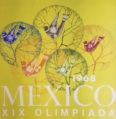 Mexico 68, Juegos de la XIX Olimpiada Advertising Poster. Offset Lithograph 12 x 12 inches Comité Organizador de la XIX Olimpida Departmento de Diseño Impresa en Mexico Por Impresos Automaticos de Mexico, S.A.