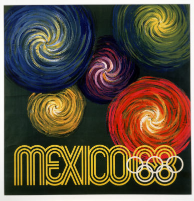 XIX Olimpiada Mexico Advertising Poster. Offset Lithograph 37 ½ x 37 ½ inches Comité Organizador de la XIX Olimpida Departmento de Diseño Impresa en Mexico Por Impresos Automaticos de Mexico, S.A.